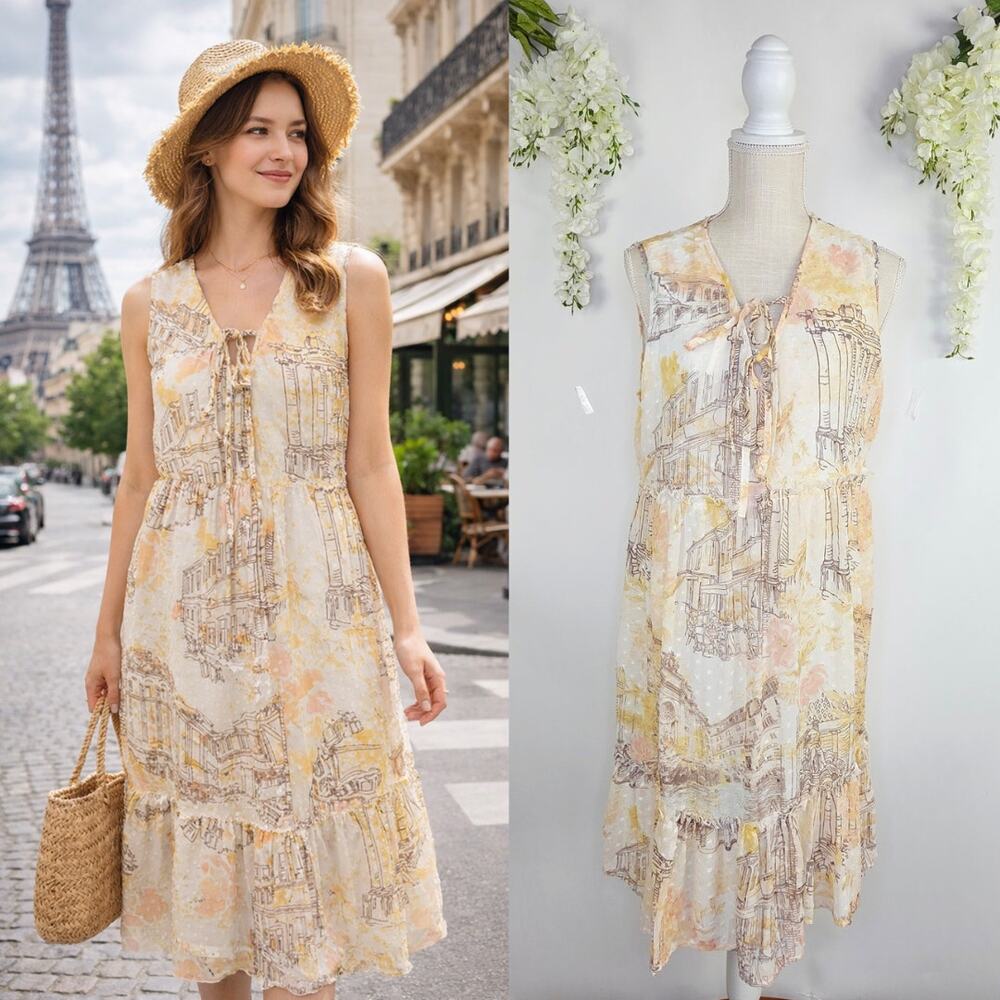 Cato A Line Dress Large Cream Paris Print Tie Close Parisian European Summer